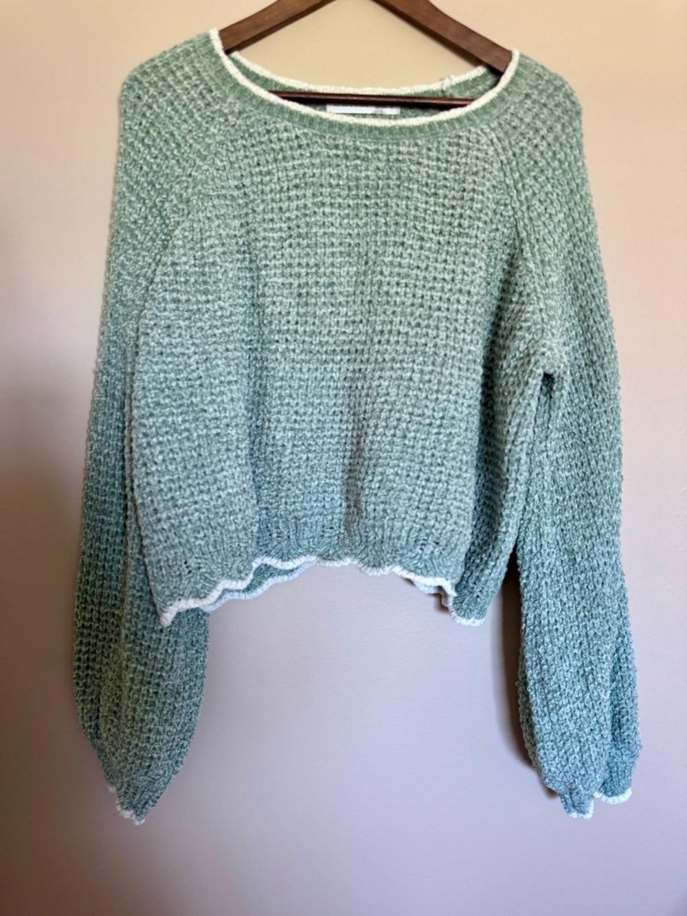 Altar'd State Mint Green Scoop Neck Cropped Knit Sweater with White Scallop Trim